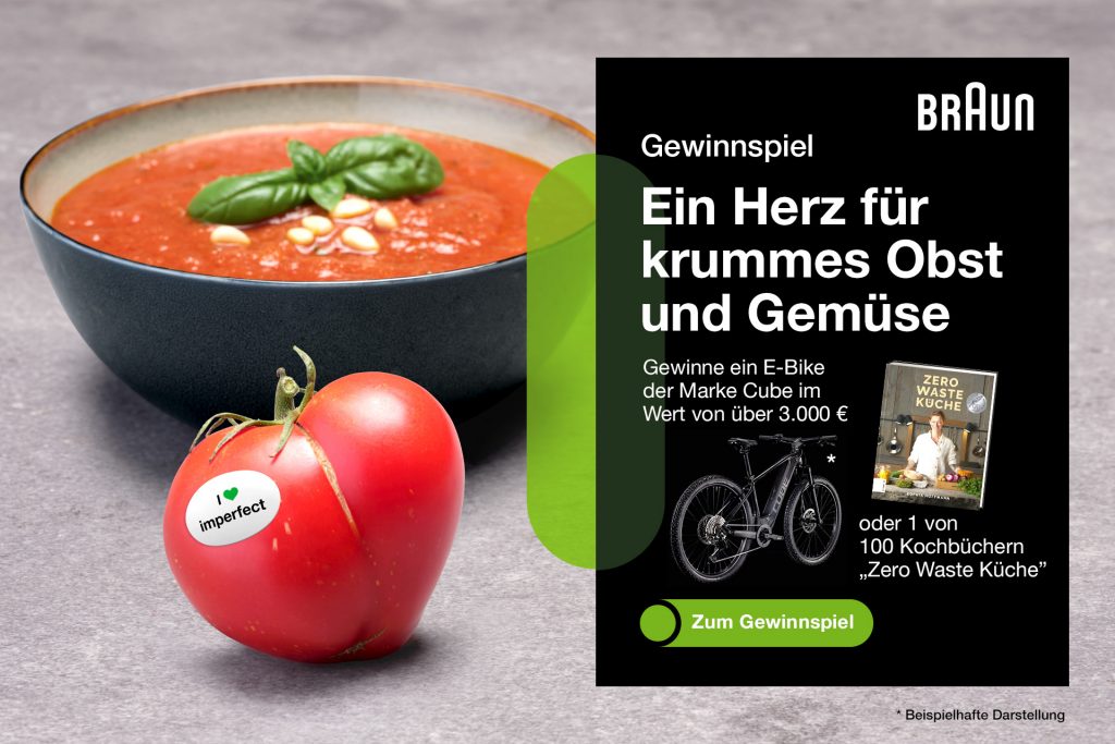 Gewinnspiel im Zuge der Kampagne "Ein Herz für krummes Obst und Gemüse" von Braun.