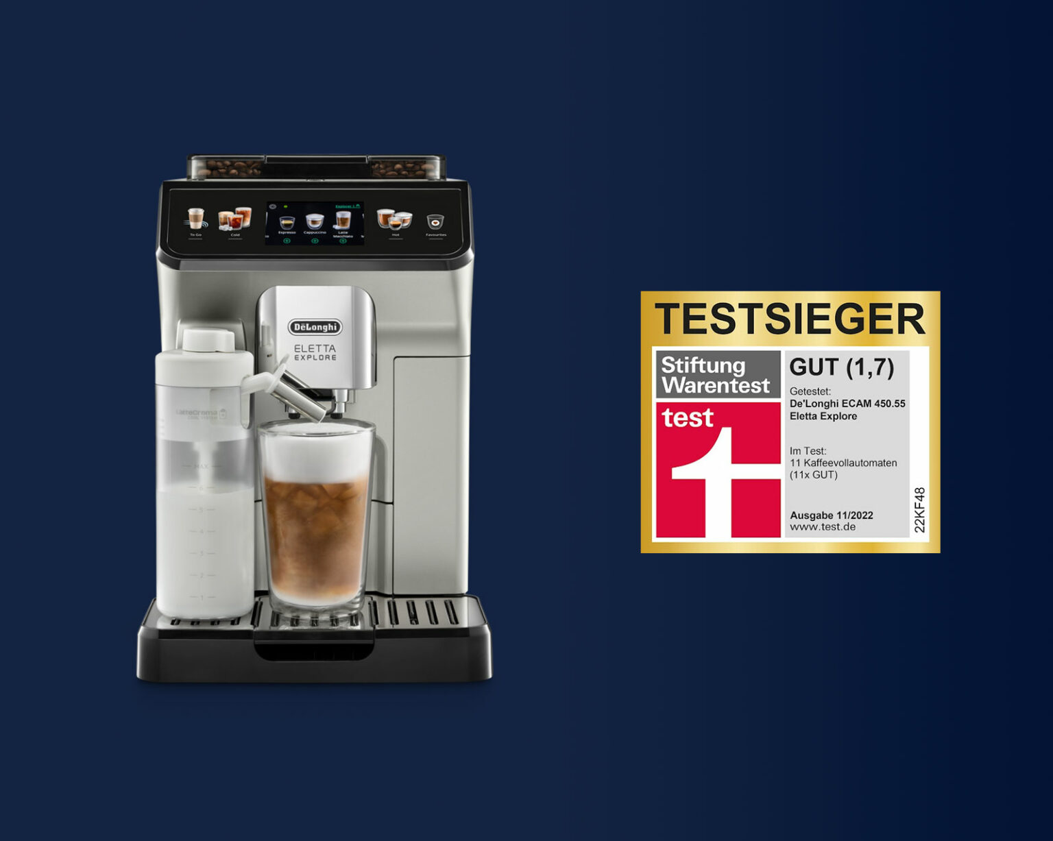 Testsieger der Stiftung Warentest Eletta Explore von De’Longhi setzt